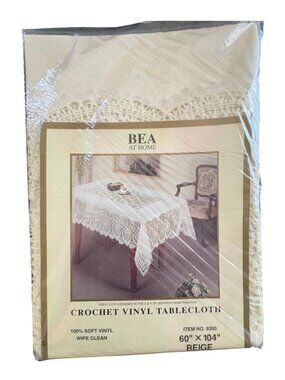 VTG Crochet Vinyl Tablecloth Beige Grannycore Cottage Core New Old Stock 60 x 90